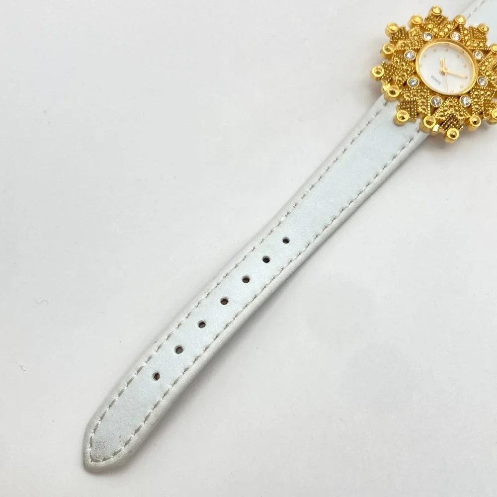 Avon Women's Watch Gold Tone Crystals Bling 35mm White Leather New Battery 7.75